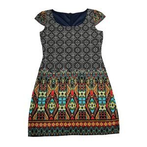 Women's Cap Sleeve Scoop Neck Boho Tribal Print Dress Size S Colorful Party